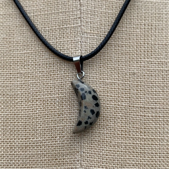Handmade Dalmatian Jasper Stone Mini Moon Amulet Necklace - Picture 5 of 7